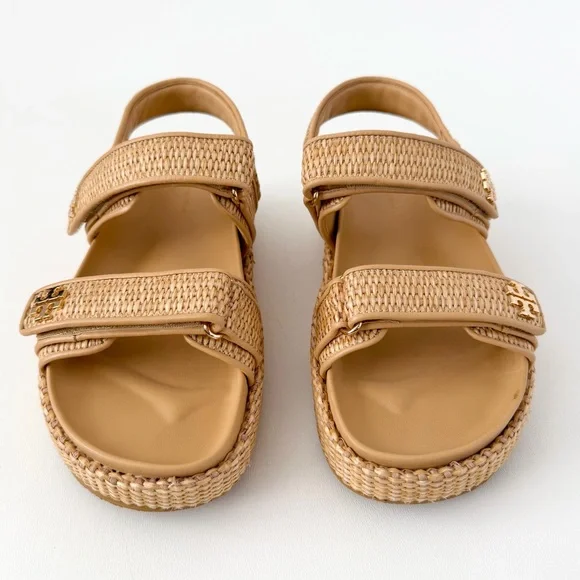 TORY BURCH | Kira Raffia Platform Sport Sandals Double T Logo Resort Summer 8.5 - Picture 2 of 13